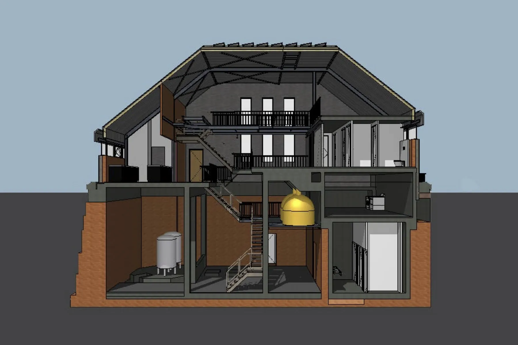 Een 3D doorsnede van het ontworpen brouwerscafé, die de verschillende niveaus en de relatie tussen brouwerij en café toont.